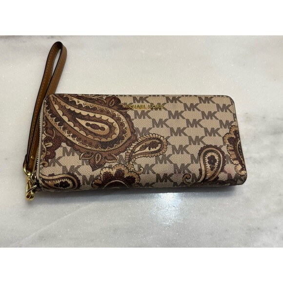 MICHAEL KORS Paisley Continental Brown Tan Leather Wristlet Wallet - Picture 3 of 7